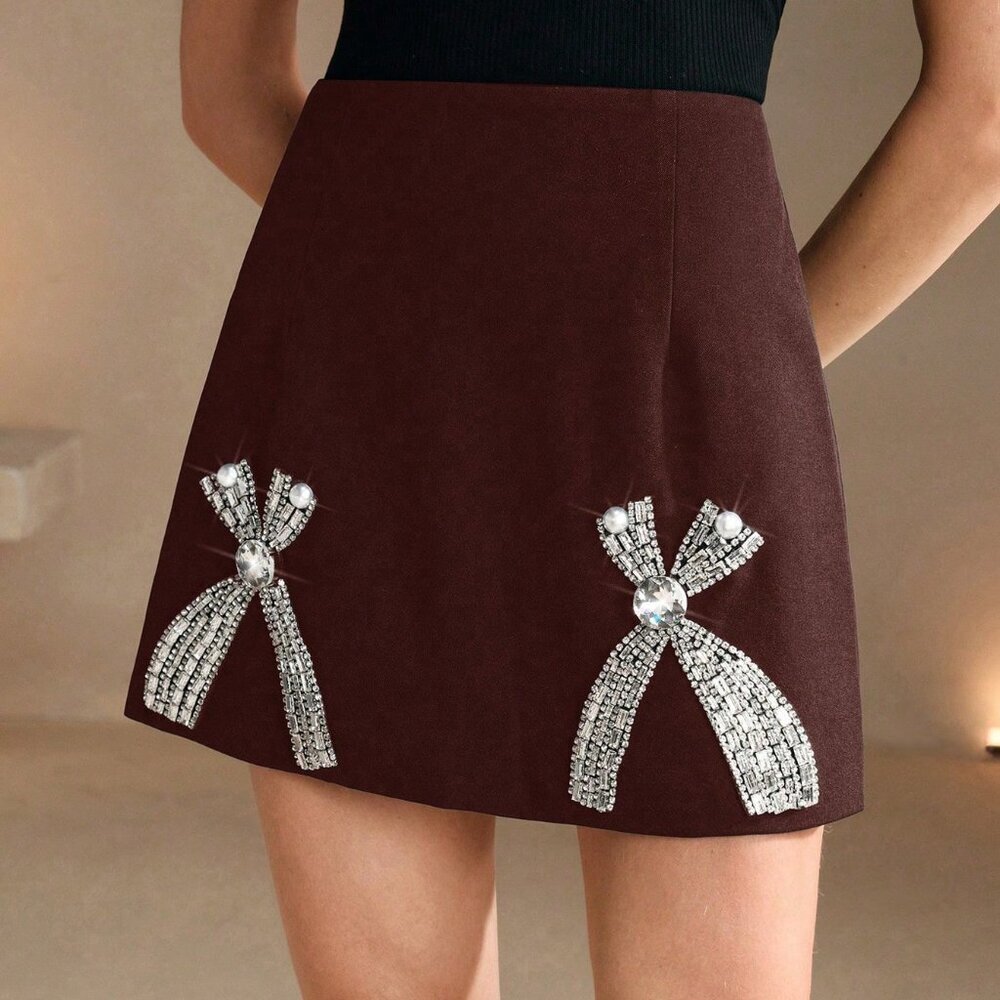 Burgundy Casual Women's Elegant Diamond Bowknot Detailed Midi Skirt